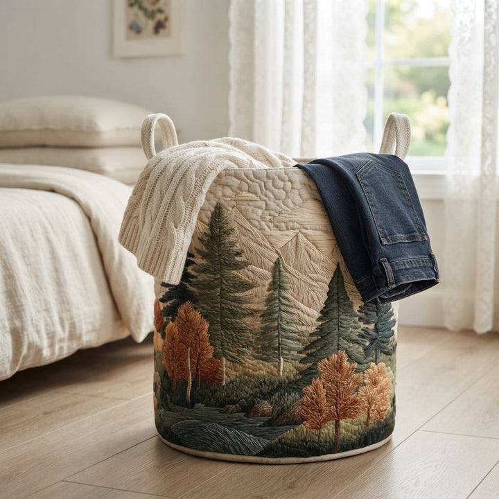 Panier forêt posé près d'un lit, débordant d'un pull torsadé crème et d'un jean plié sur le bord. 13