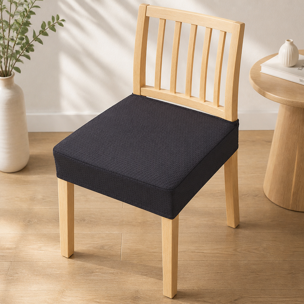 Housse d'assise noire texturĂ©e sur une chaise en bois clair, près d'une table d'appoint ronde et d'un vase blanc. 10
