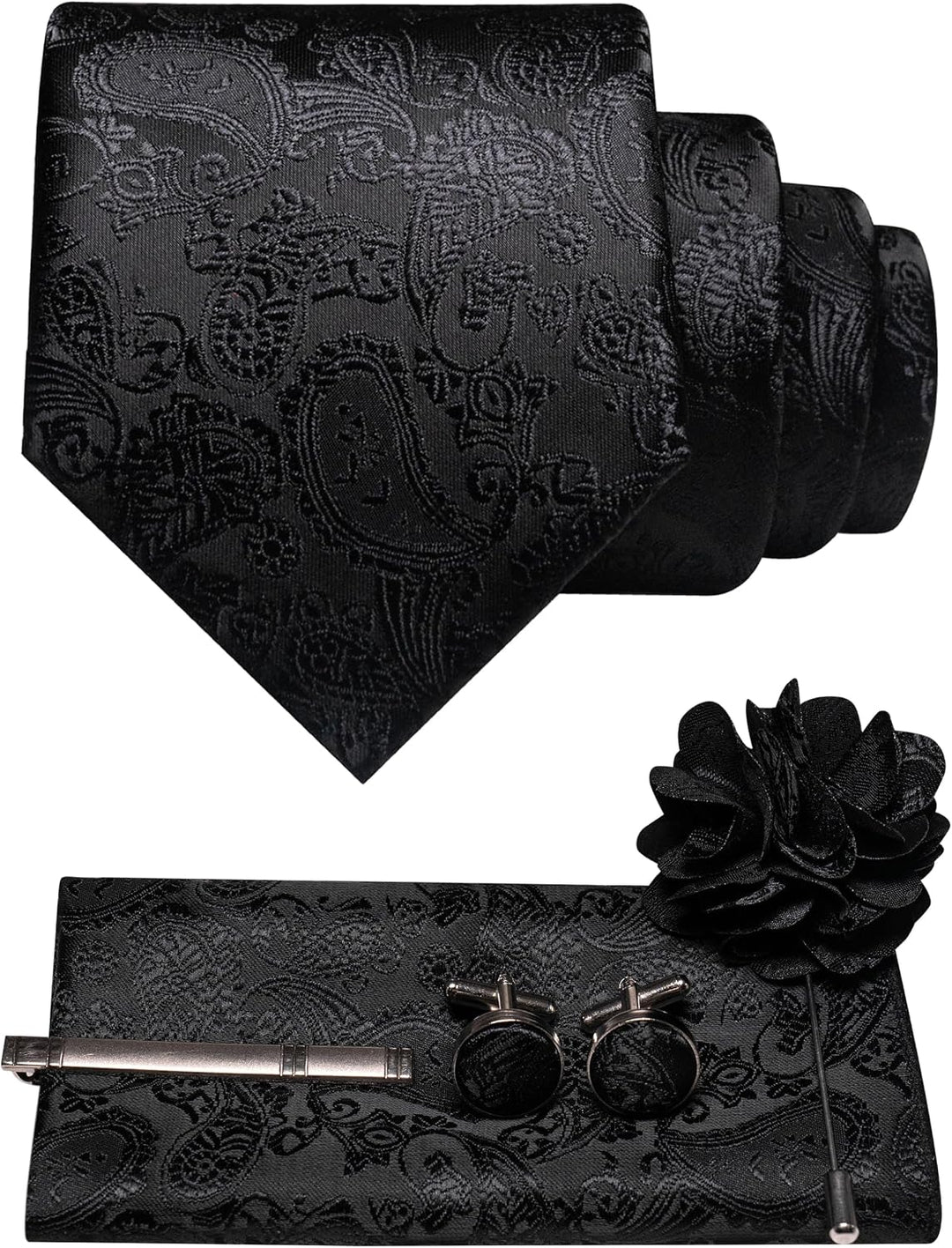 Ensemble noir à motif cachemire en relief ton sur ton : cravate, pochette, boutons de manchette, pince à cravate et broche fleur. 37