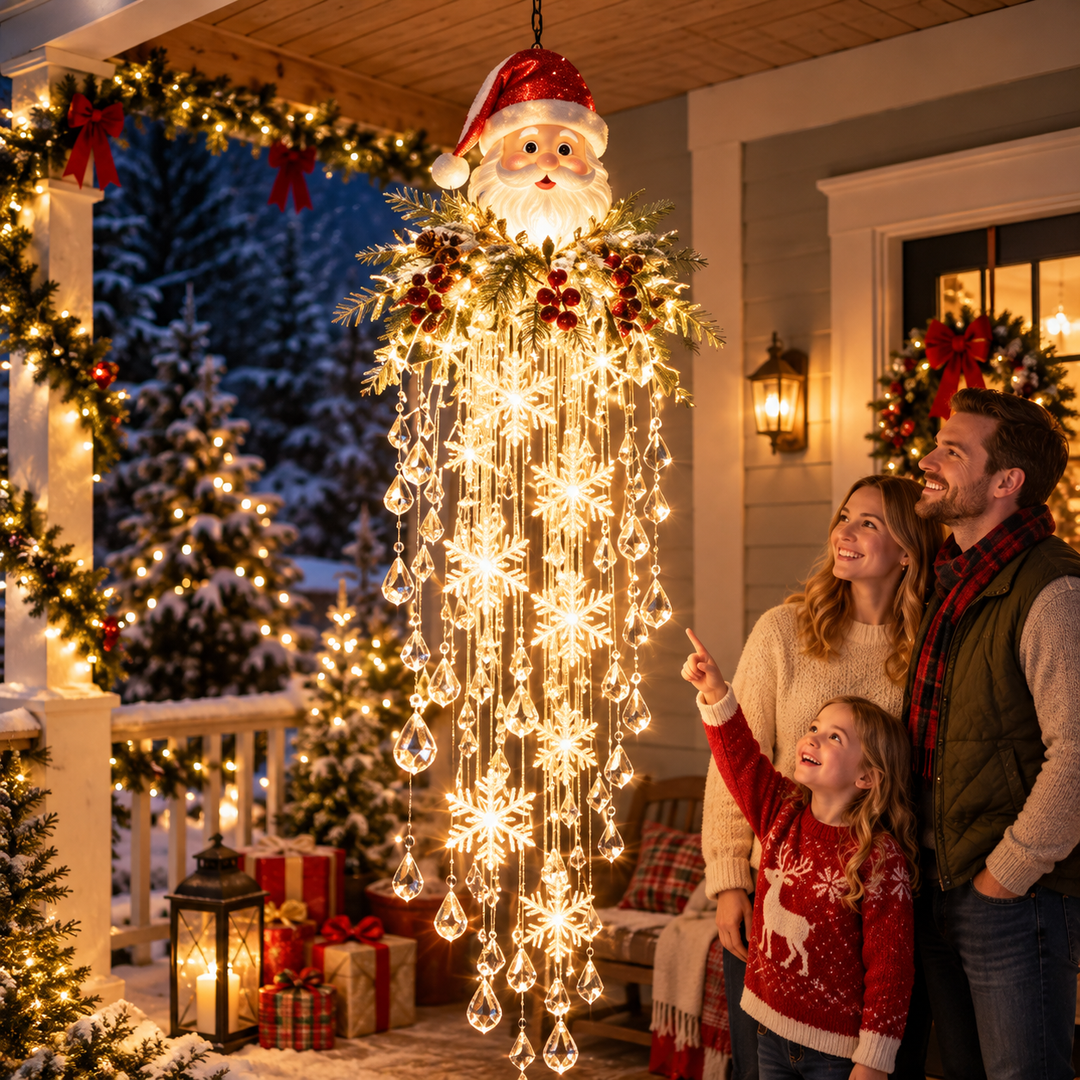 Modèle à tête de Père Noël suspendu sous un porche décoré, admiré par une famille 4