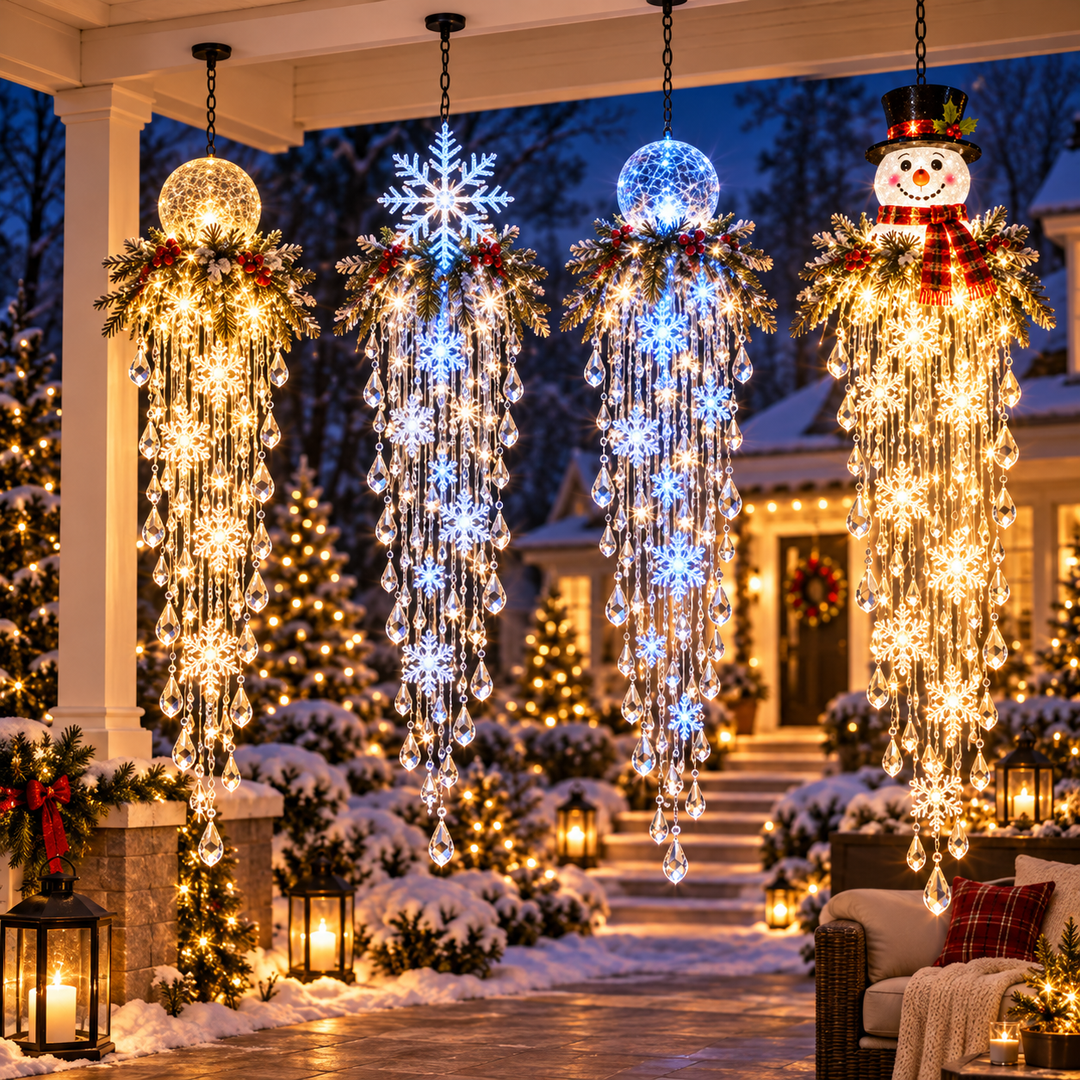 Les quatre versions lumineuses alignées sous un porche enneigé le soir, entourées de sapins illuminés et de lanternes 23