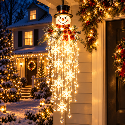 Version à bonhomme de neige coiffé d'un chapeau haut de forme, flocons lumineux et gouttes de cristal près d'une porte 12