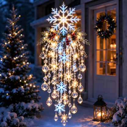 Modèle surmonté d'un grand flocon bleu lumineux, avec flocons et gouttes en cristal suspendus devant une porte 15