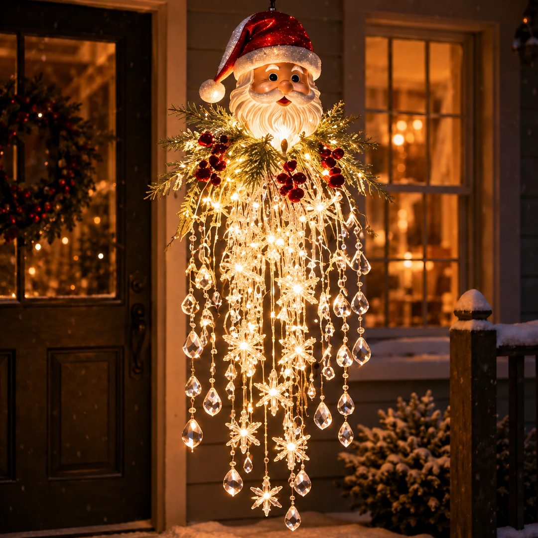 Version Père Noël au bonnet rouge, branches de sapin et baies rouges, cascade de flocons et cristaux éclairés 26