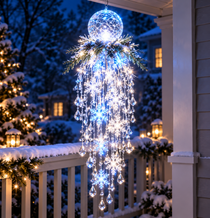 Version à globe craquelé bleu givré avec feuillage, flocons et gouttes en cristal, sur une balustrade enneigée 10