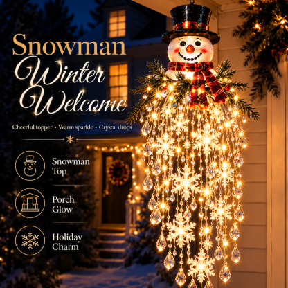 Modèle avec bonhomme de neige en chapeau haut de forme et écharpe écossaise, flocons lumineux en cascade 19