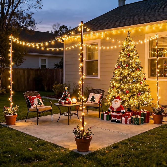 Terrasse de jardin décorée le soir de guirlandes lumineuses tendues entre des mâts, avec un sapin illuminé et un Père Noël. 4