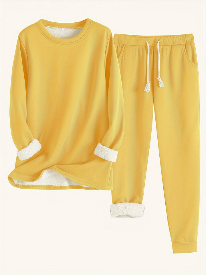 Ensemble jaune vif pull et jogging, avec cordon blanc et doublure peluche aux poignets 6