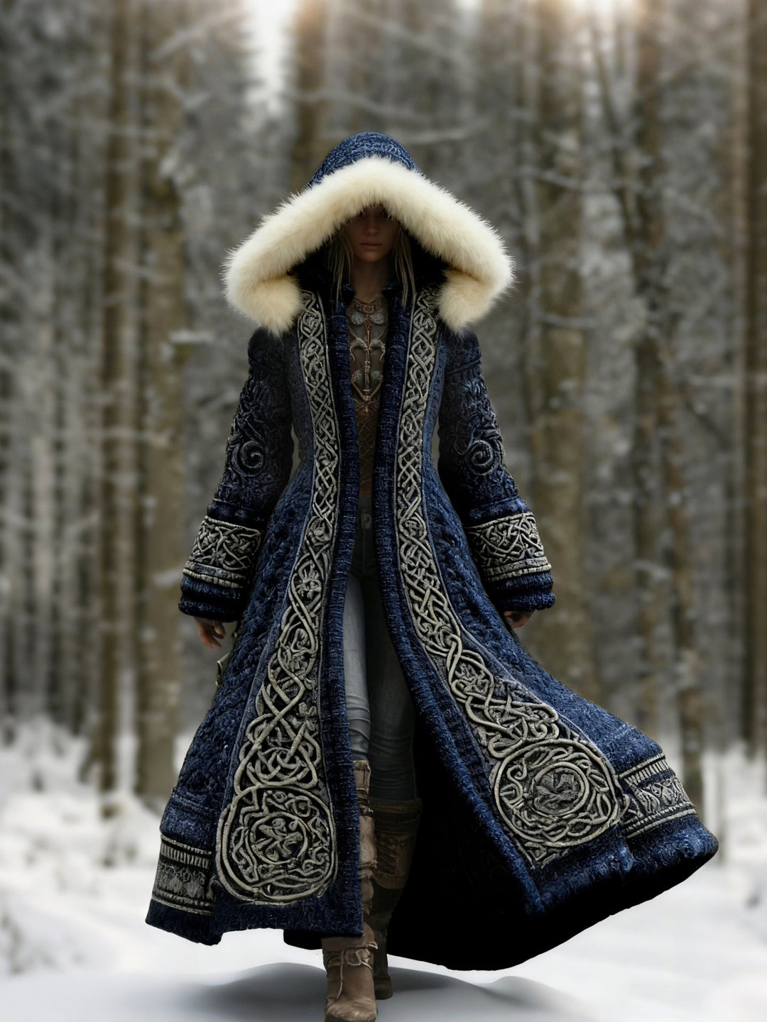 Même manteau en version bleu marine, porté par une femme marchant dans la neige 2