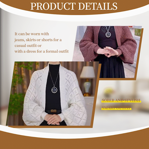 Visuel de détails montrant le cardigan ajouré porté avec un look décontracté ou habillé, en marron et blanc 12