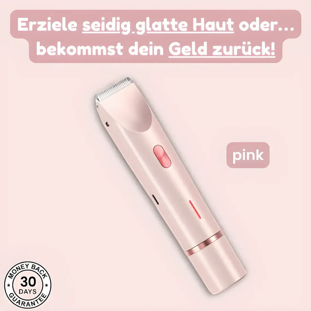 Appareil de rasage rose posé en diagonale sur fond rose clair, avec lame de tondeuse en haut et bouton marche-arrêt sur le boîtier. 1