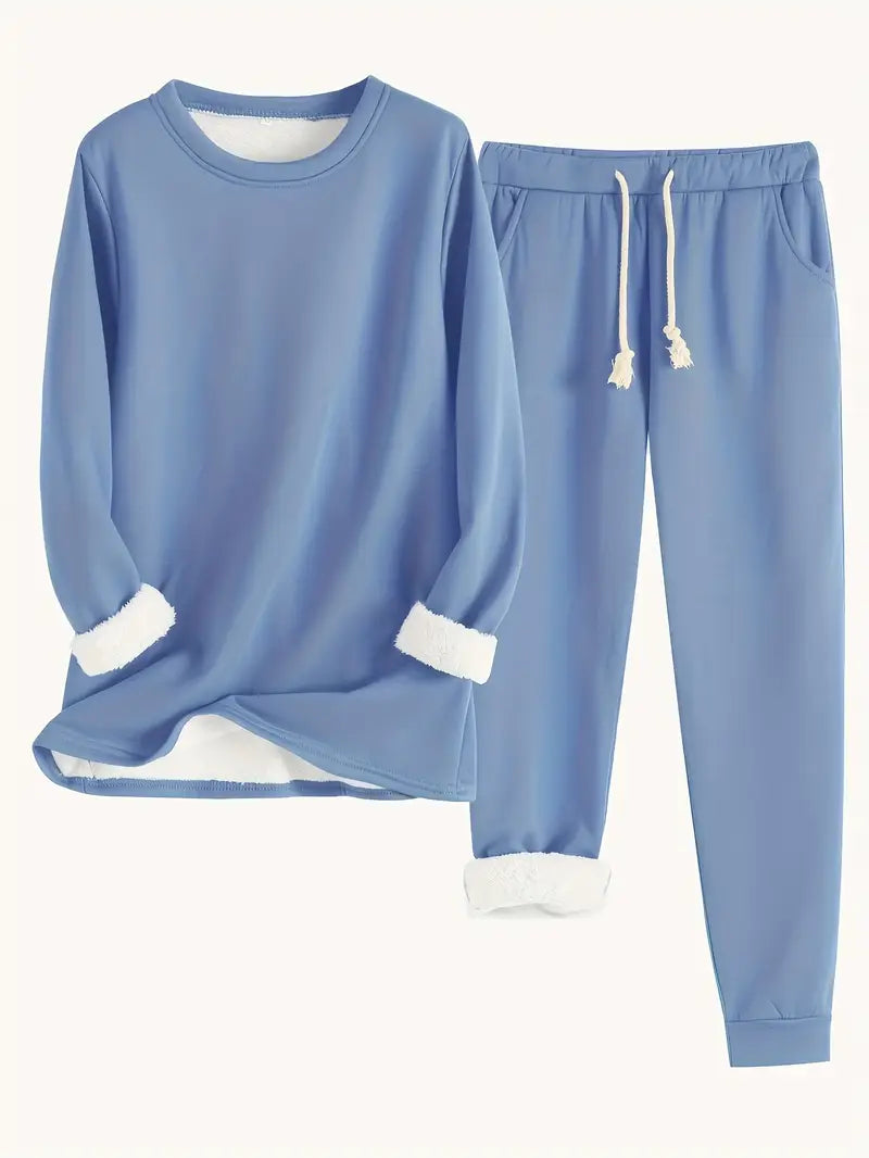 Ensemble à manches longues bleu: pull et pantalon de jogging, doublure peluche blanche aux poignets et chevilles 1