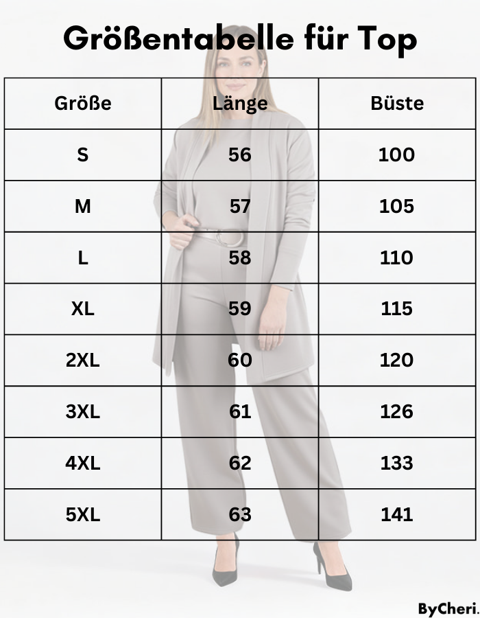 Tableau des tailles du haut, de S à 5XL, avec longueur et tour de buste, sur fond de mannequin en ensemble taupe. 19