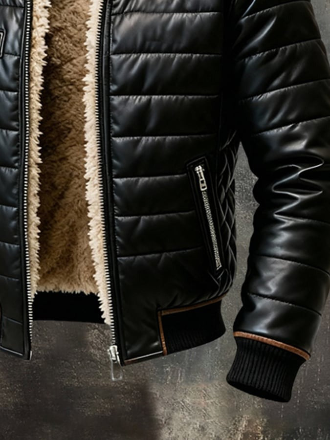 Détail du bas de la veste: poche zippée sur le côté, bord-côte noir, manche et doublure 6