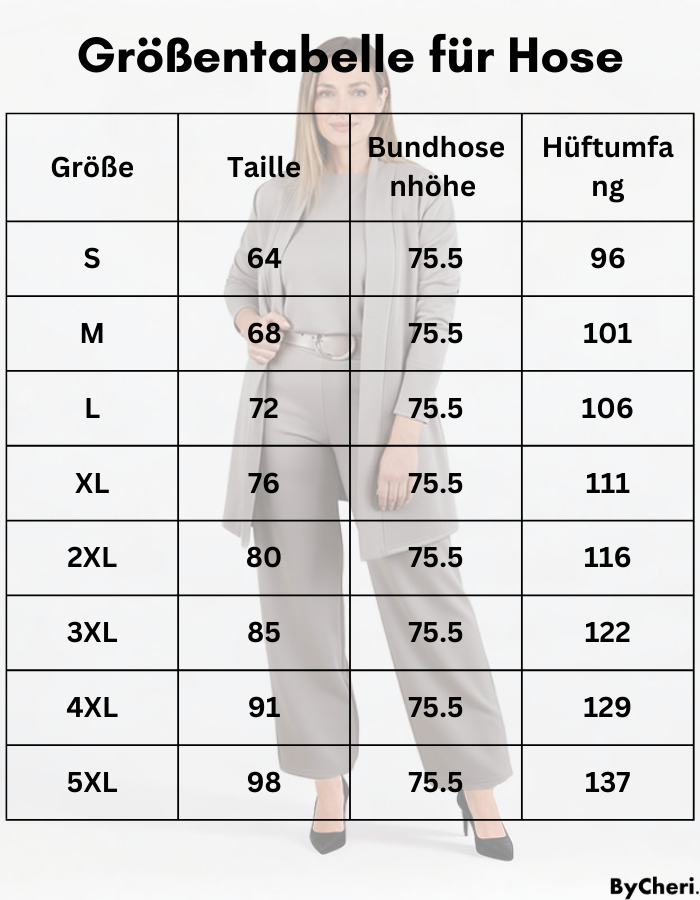 Tableau des tailles du pantalon, de S à 5XL, avec tour de taille, hauteur de taille et tour de hanches, sur fond de mannequin. 20