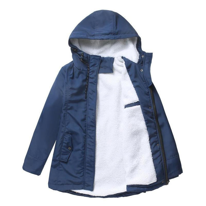 Parka bleu marine à plat, ouverte, montrant la doublure en polaire blanche 7