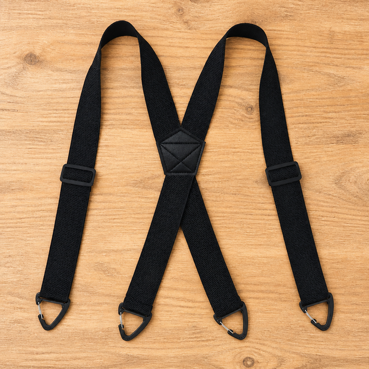 Bretelles noires en X posées sur une table en bois, avec quatre crochets triangulaires et deux boucles de réglage. 8