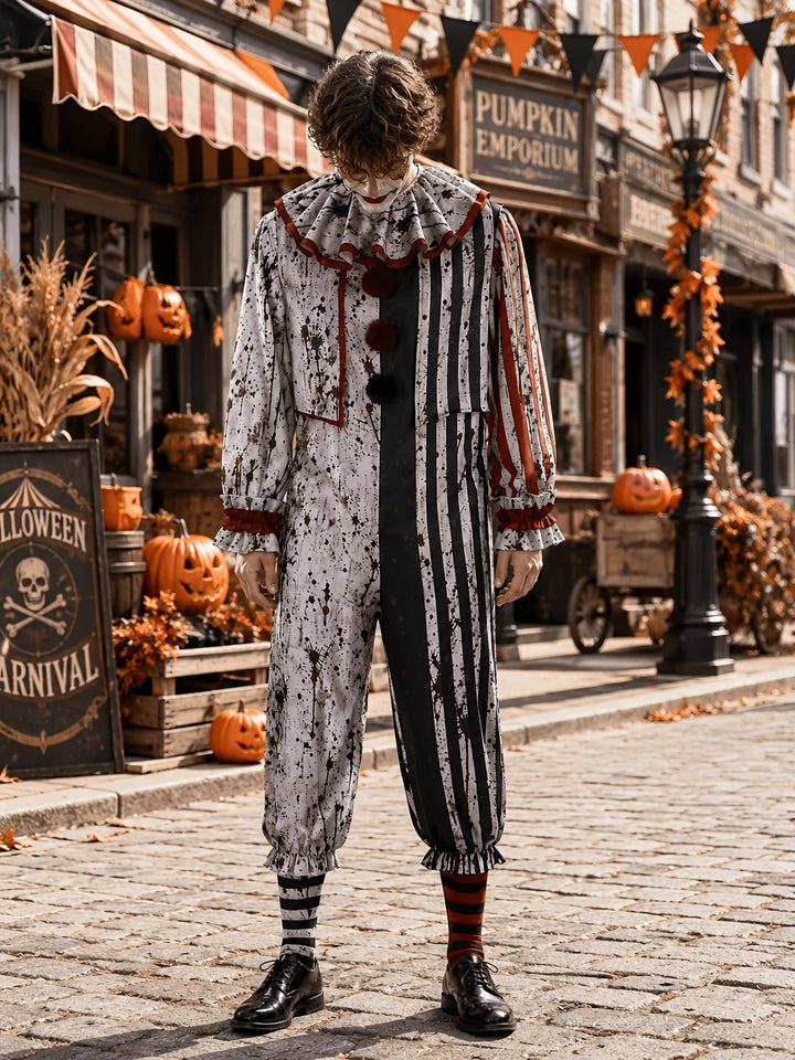 Homme debout en plein pied, tête baissée, portant la combinaison de clown éclaboussée et rayée avec gros col à volants et pompons, dans une rue décorée. 1