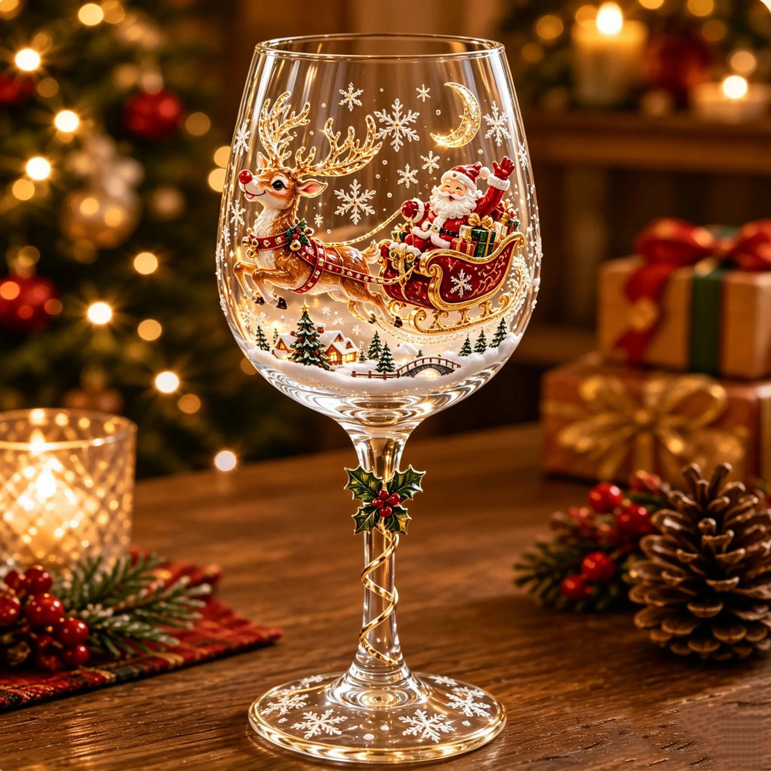 Verre à pied décoré du traîneau du Père Noël tiré par un renne, village enneigé en relief 3