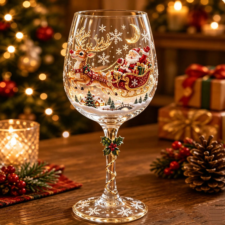 Verre à pied décoré du traîneau du Père Noël tiré par un renne, village enneigé en relief 3