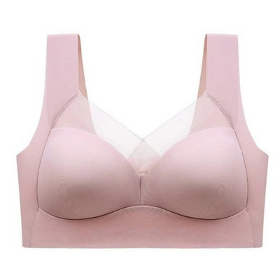 Soutien-gorge rose seul sur fond blanc, vue de face avec larges bretelles et empiècement en résille au décolleté. 11