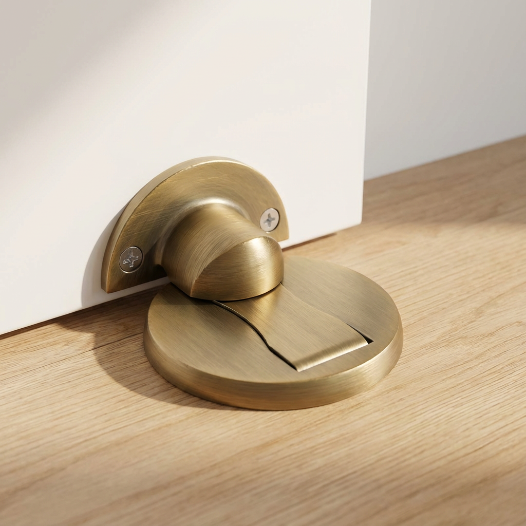 Butée magnétique laiton brossé en lumière douce, vue rapprochée sur un parquet en bois naturel contre une porte blanche. 7