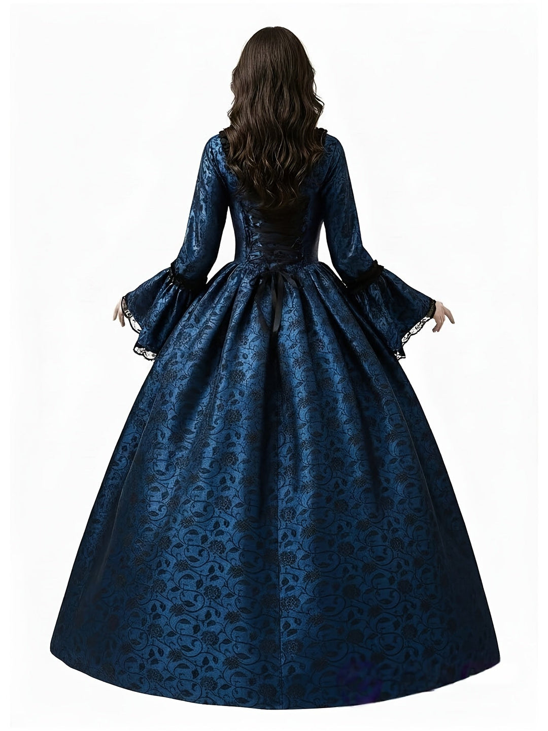 Robe bleue vue de dos, avec lacet de corset et ruban noir dans le dos, jupe ample à motif floral. 4