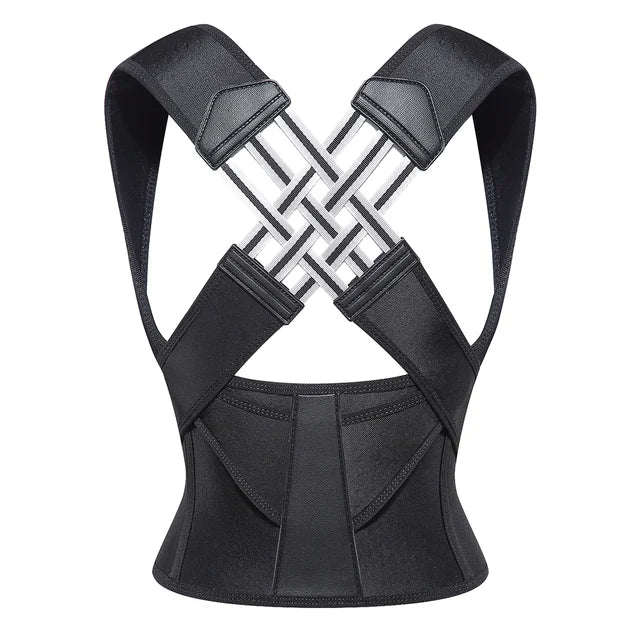 Correcteur de posture noir à plat, vu de dos, avec ses bandes élastiques croisées et sa ceinture lombaire. 3