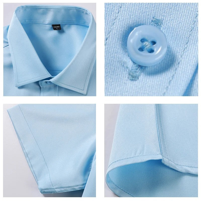 Quatre gros plans de la chemise bleu ciel : col, bouton, manche et ourlet 5
