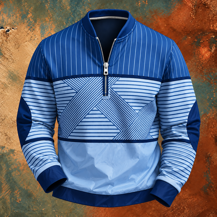Pull à demi-zip bleu roi et bleu clair à rayures, motif géométrique sur le buste, poignets et bas côtelés bleu foncé. 4