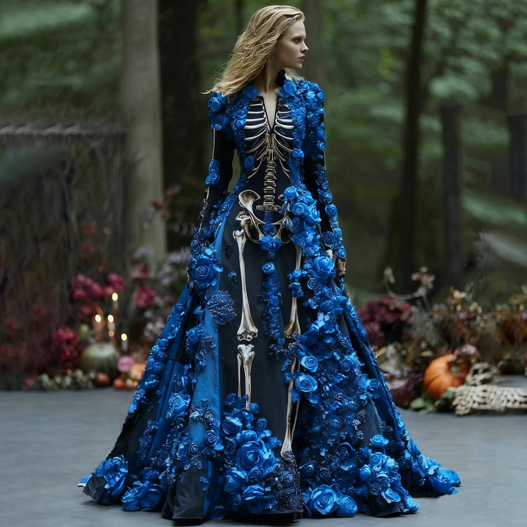 Femme en robe longue noire à squelette, recouverte de roses en relief bleues, posant dans un sous-bois. 3