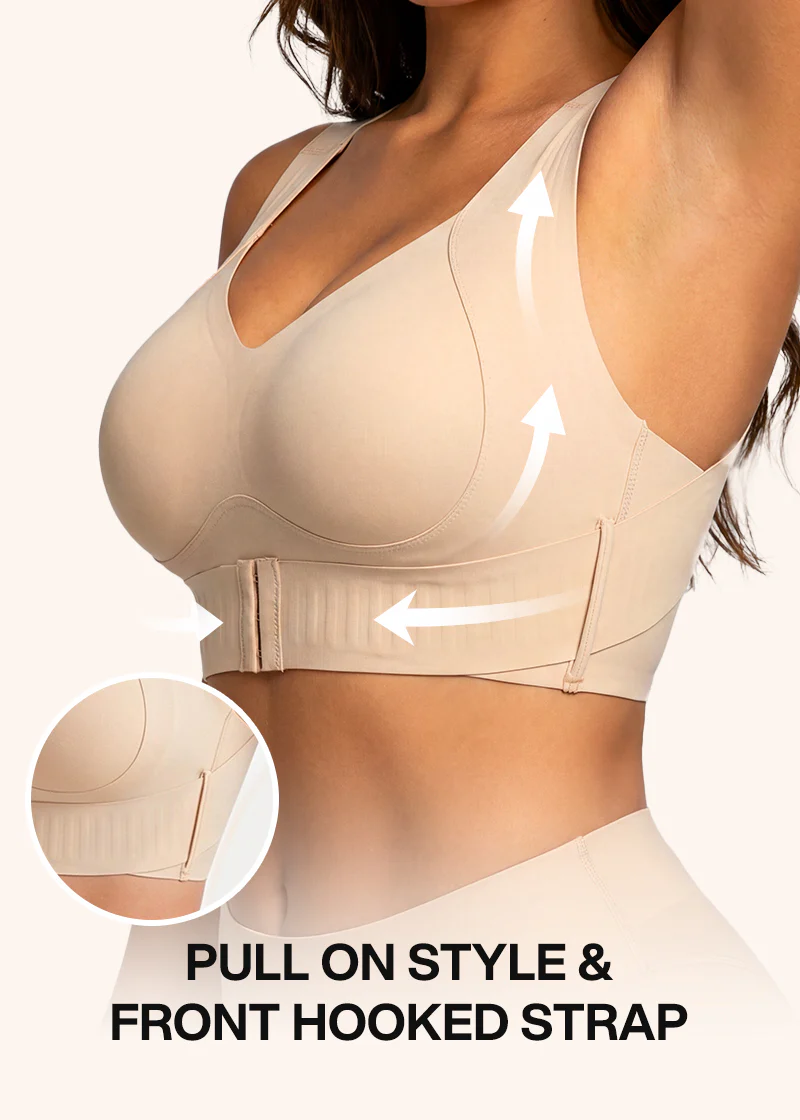 Vue de côté, bras levé, du soutien-gorge beige avec flèches illustrant le maintien et la bande à crochets sur le devant. 7
