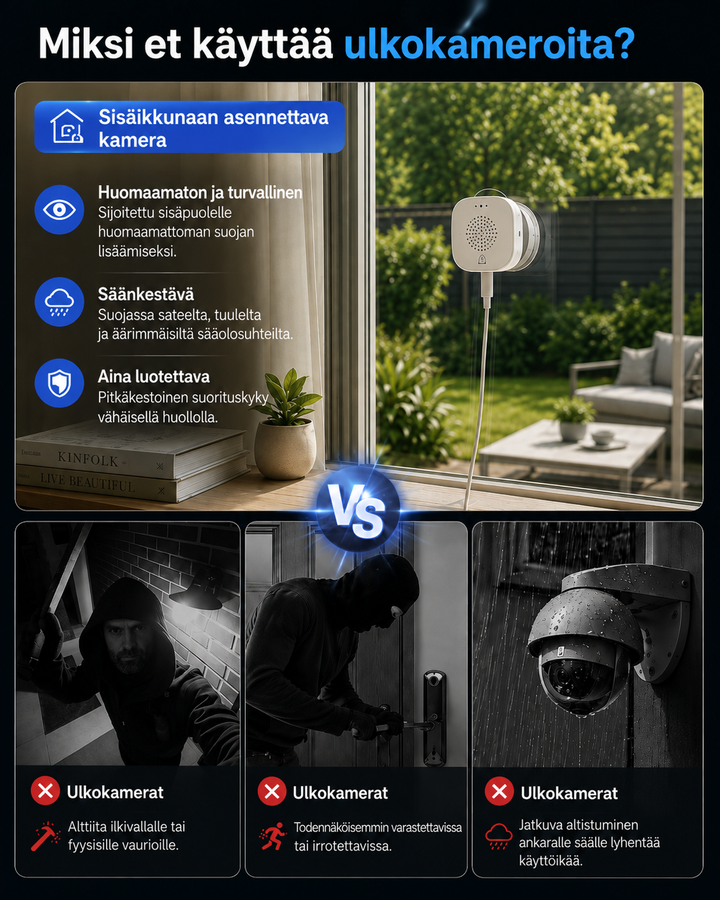 Comparaison entre la caméra posée derrière une vitre à l'intérieur et des caméras extérieures exposées au vandalisme, au vol et à la pluie. 9