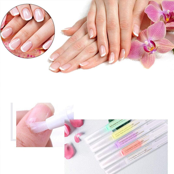 Mains manucurées près d'orchidées roses, application du pinceau sur un ongle et gamme de stylos colorés 10