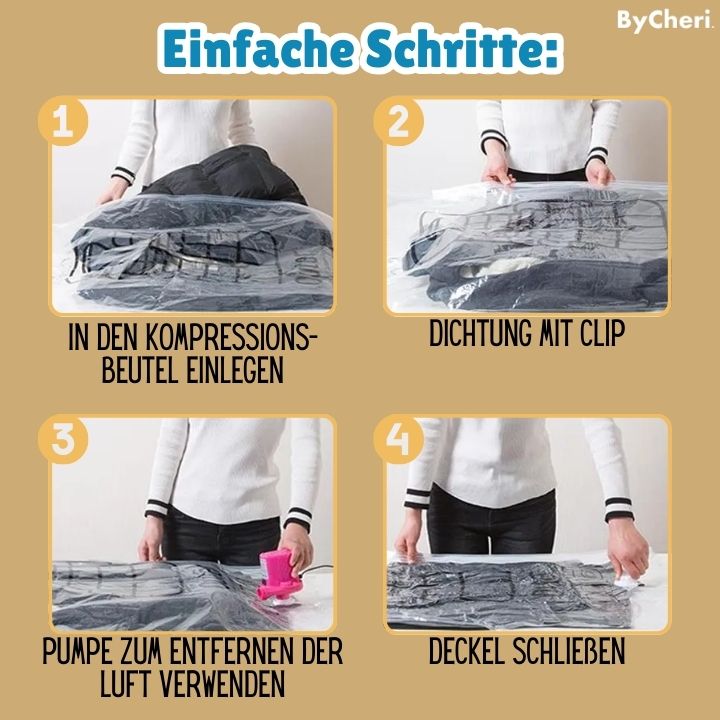 Quatre étapes en images: insérer les vêtements, fermer la housse avec le clip, aspirer l'air avec une pompe rose, refermer l'opercule. 9