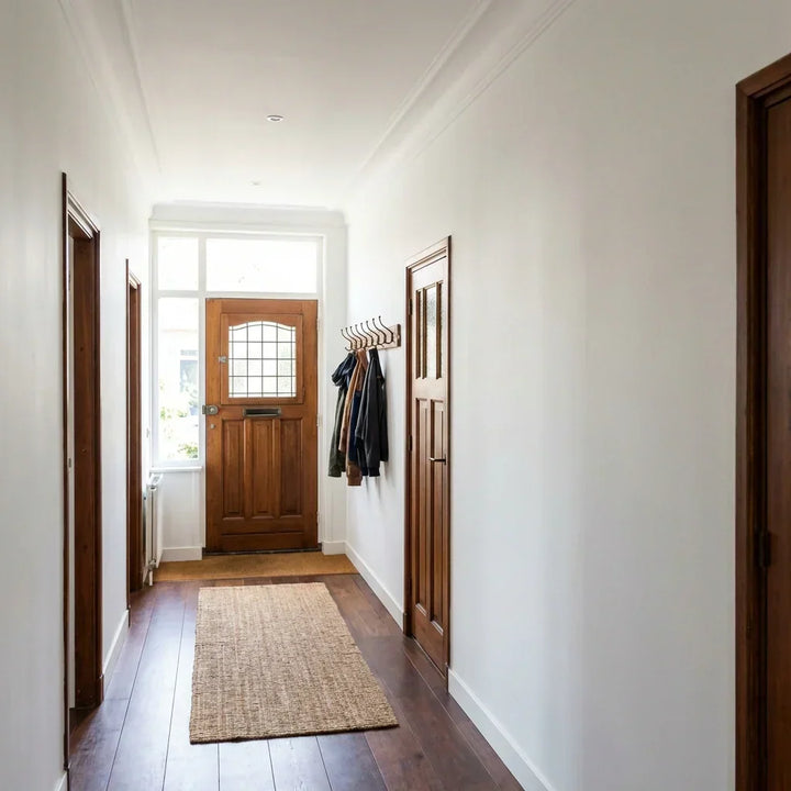 Couloir aux murs blancs aux lignes nettes, avec portes en bois, tapis tressé et manteaux accrochés 7