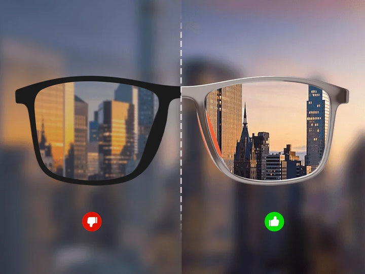 Comparaison de vision: à gauche un paysage urbain flou à travers une monture noire, à droite net à travers la monture grise. 3