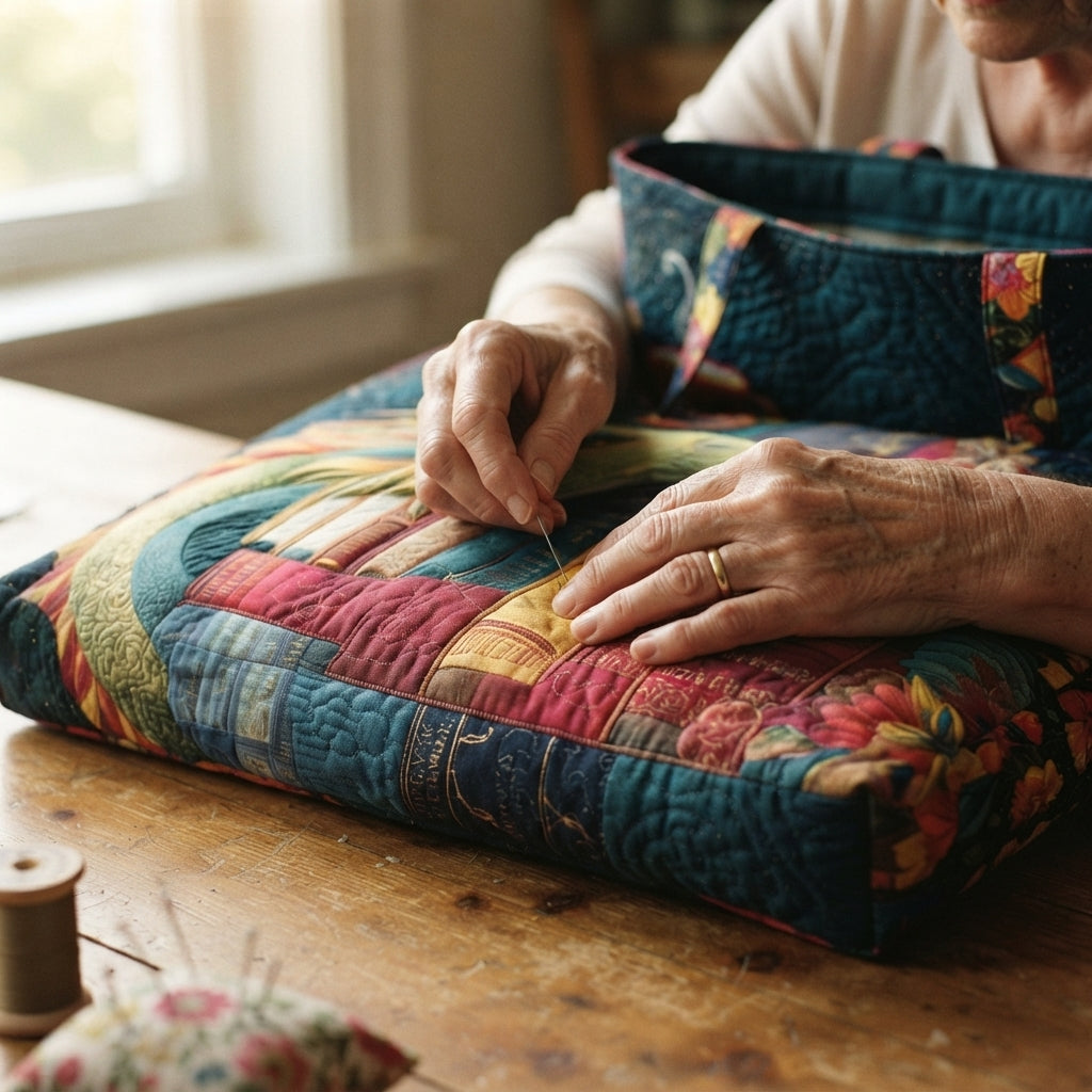 Gros plan de mains âgées cousant le tissu matelassé et patchwork du cabas sur une table en bois, avec bobine de fil. 3
