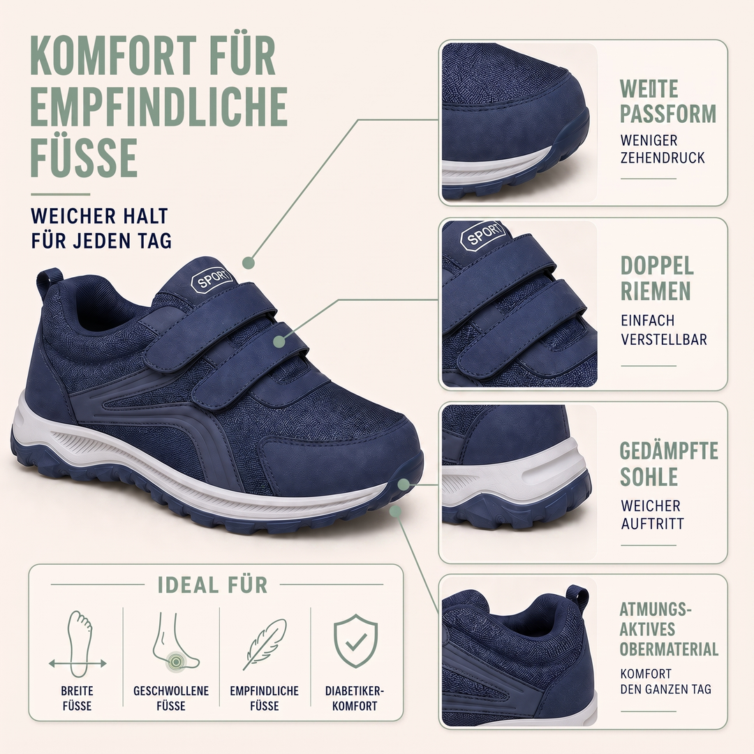 Visuel explicatif pour pieds sensibles, avec détails des brides, de la semelle et du tissu respirant 4