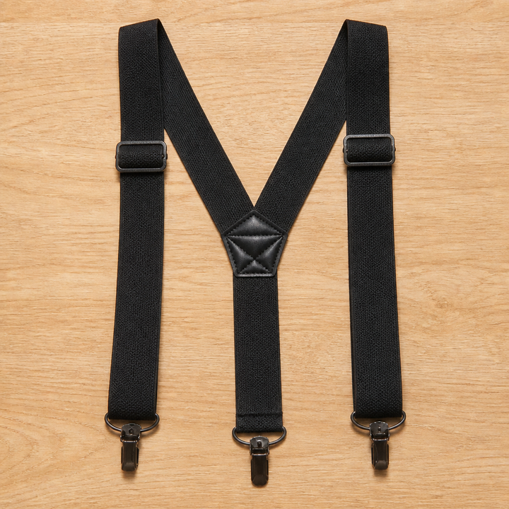 Bretelles noires en Y vues à plat, équipées de trois clips métalliques à pince et de deux boucles de réglage. 7