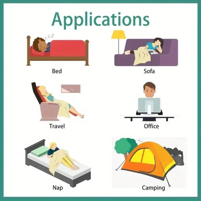 Illustration des utilisations possibles: lit, canapé, voyage, bureau, sieste et camping 9