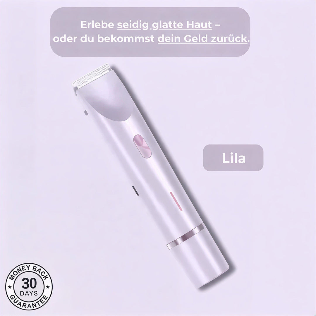 Appareil de rasage dans son coloris lilas, posé en diagonale sur fond lavande, avec tête de tonte blanche et bouton rose pâle. 3
