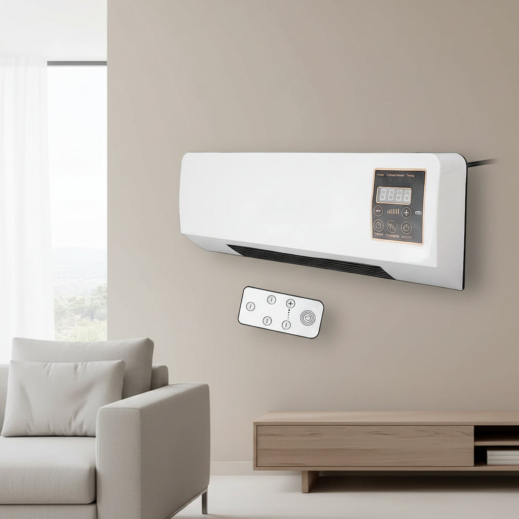 Appareil mural blanc installé dans un salon, avec sa télécommande au premier plan, à côté d'un canapé beige et d'un meuble bas. 3