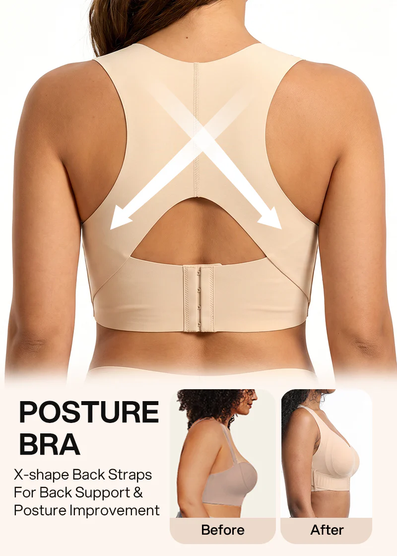 Vue de dos du soutien-gorge beige avec bretelles croisées en X illustrées par des flèches, et comparaison avant-après de la posture. 15