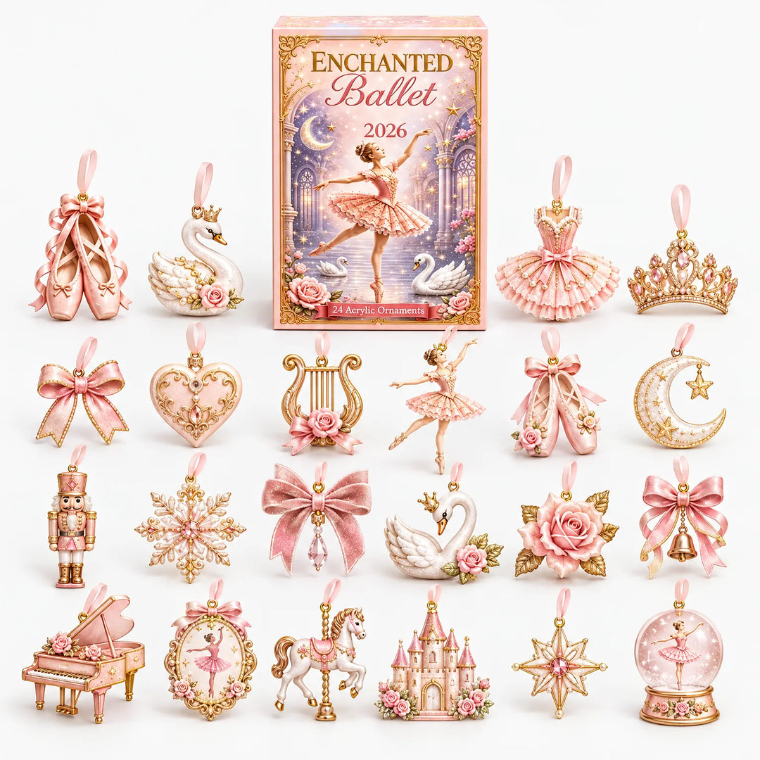 Boîte rose sur le thème du ballet entourée de ses 24 ornements roses et dorés 2