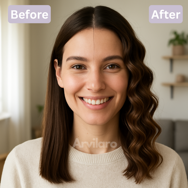 Portrait avant et après d'une femme brune: cheveux lisses d'un côté, ondulations souples et naturelles de l'autre, dans un salon lumineux. 2