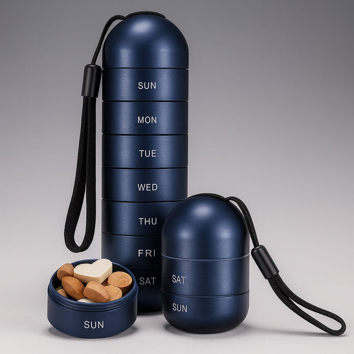 Pilulier bleu marine en tour de sept jours avec cordon noir, un compartiment ouvert contenant des comprimés beiges et bruns, et une version courte. 7
