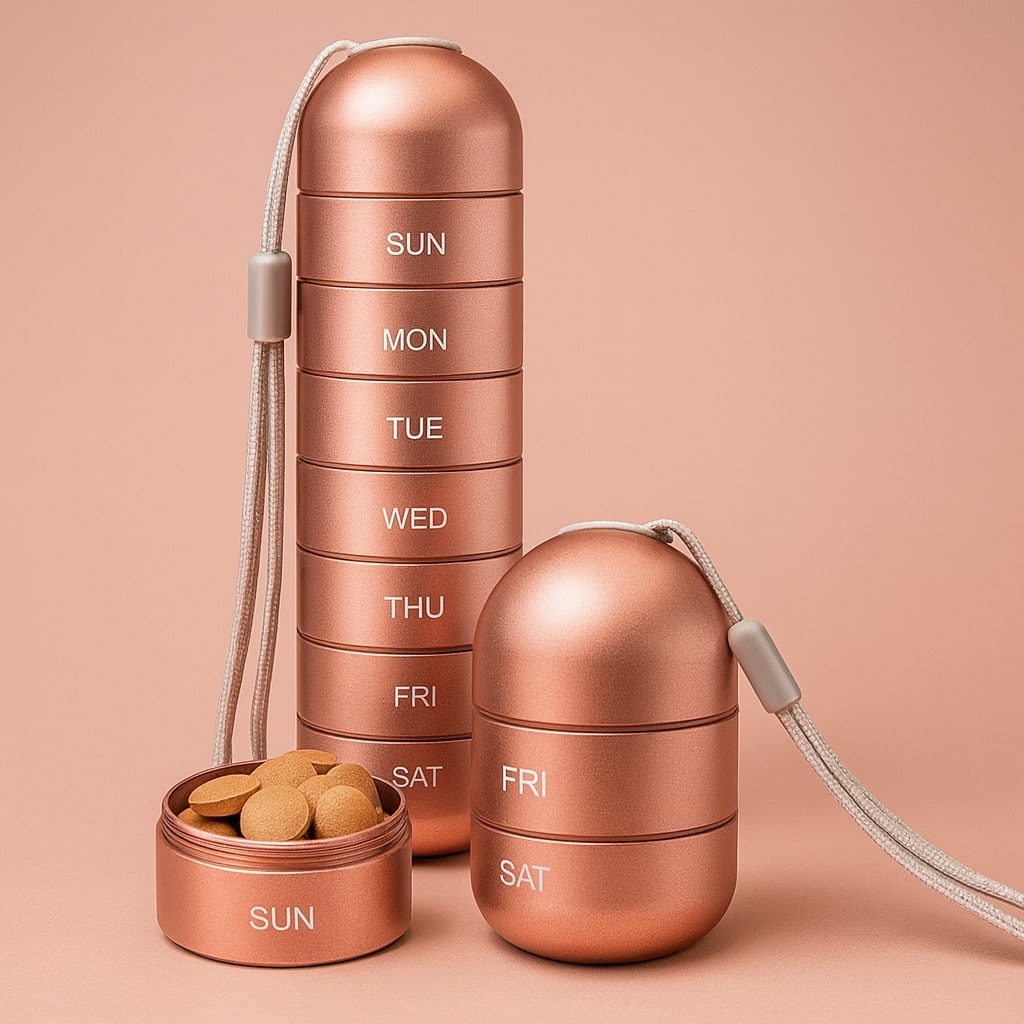 Pilulier cuivré rose en tour de sept compartiments avec cordon, une section ouverte remplie de comprimés et une version courte à côté. 1