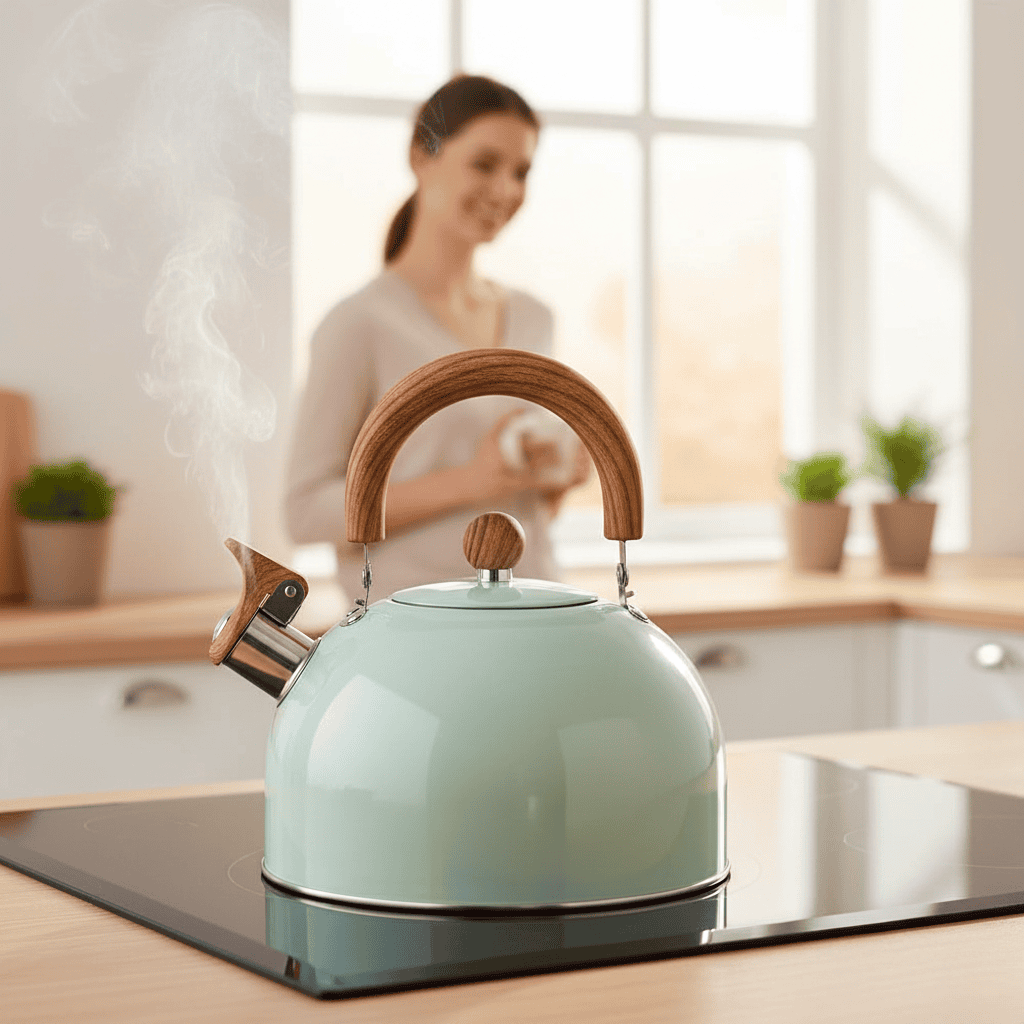 Bouilloire vert d'eau sur une plaque à induction, vapeur s'échappant, femme souriante en cuisine 3