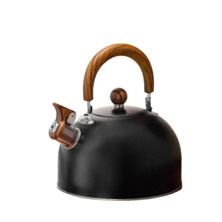 Version noire mate de la bouilloire, avec anse, bouton et bec imitation bois 7